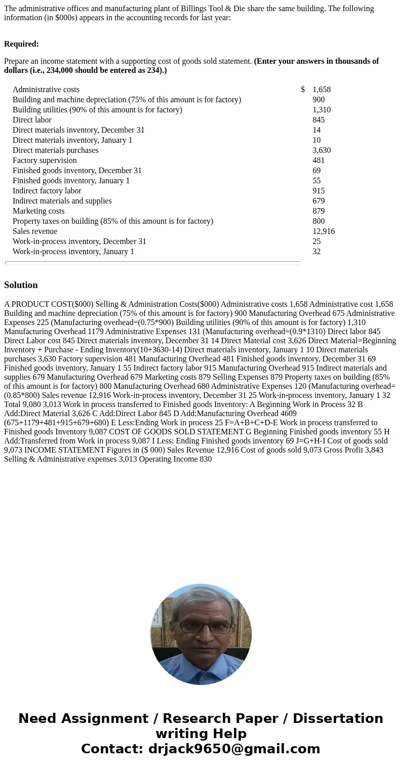  The administrative offices and manufacturing plant of Billings Tool & Die share the same building. The following information (in $000s) appears in the acco