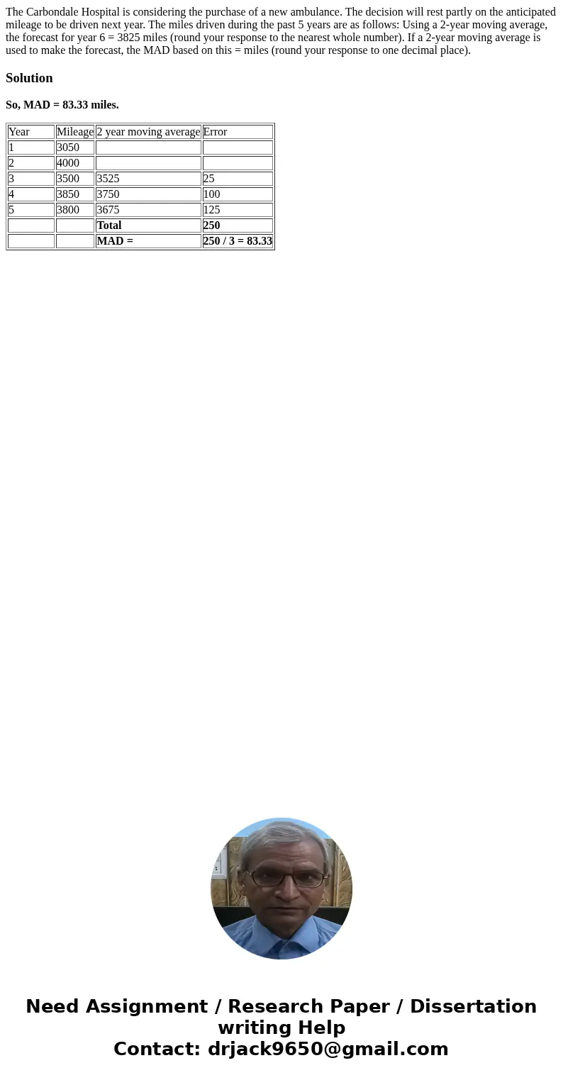The Carbondale Hospital is considering the purchase of a new ambulance. The decision will rest partly on the anticipated mileage to be driven next year. The mi  The Carbondale Hospital is considering the purchase of a new ambulance. The decision will rest partly on the anticipated mileage to be driven next year. The mi