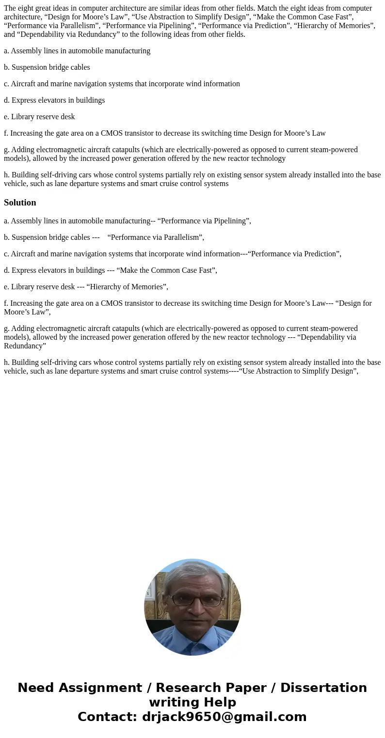 The eight great ideas in computer architecture are similar ideas from other fields. Match the eight ideas from computer architecture, “Design for Moore’s Law”,  The eight great ideas in computer architecture are similar ideas from other fields. Match the eight ideas from computer architecture, “Design for Moore’s Law”,