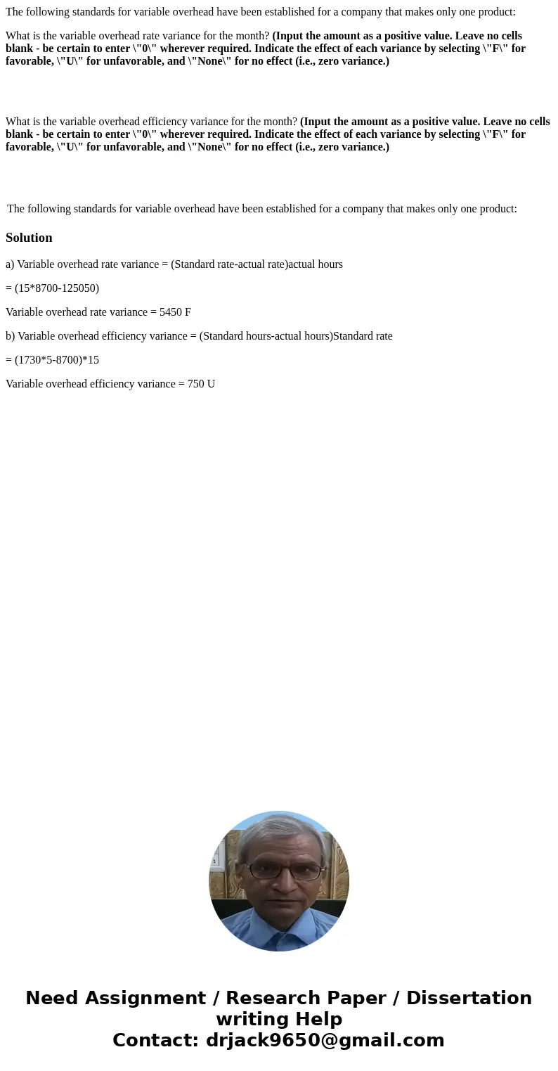 The following standards for variable overhead have been established for a company that makes only one product: What is the variable overhead rate variance for t