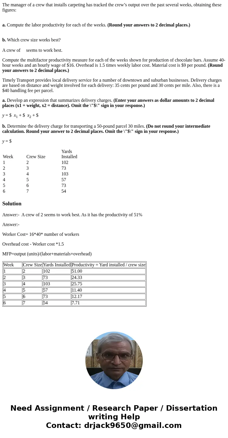 The manager of a crew that installs carpeting has tracked the crew’s output over the past several weeks, obtaining these figures: a. Compute the labor productiv