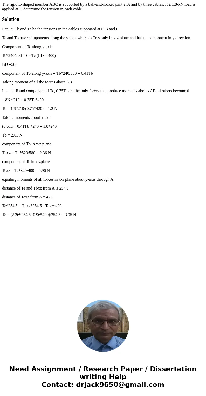 The rigid L-shaped member ABC is supported by a ball-and-socket joint at A and by three cables. If a 1.8-kN load is applied at F, determine the tension in each  The rigid L-shaped member ABC is supported by a ball-and-socket joint at A and by three cables. If a 1.8-kN load is applied at F, determine the tension in each