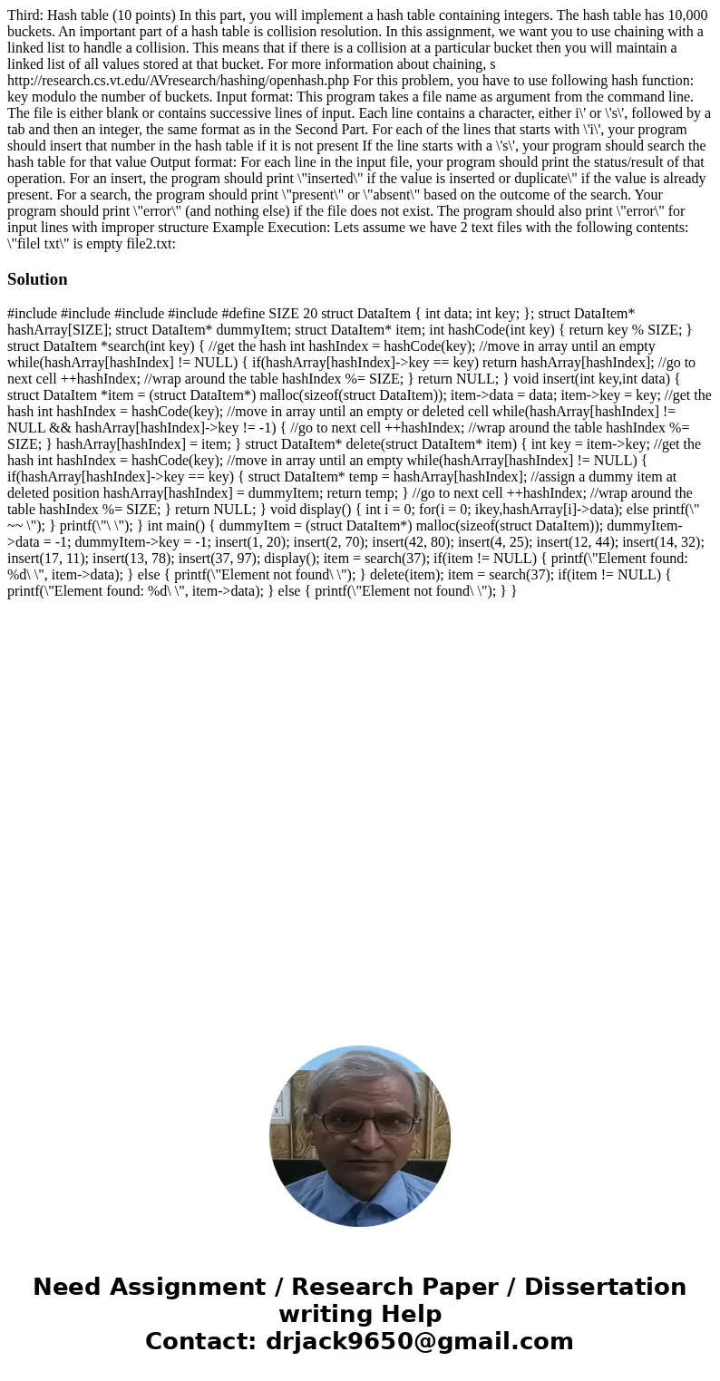 Third: Hash table (10 points) In this part, you will implement a hash table containing integers. The hash table has 10,000 buckets. An important part of a hash  Third: Hash table (10 points) In this part, you will implement a hash table containing integers. The hash table has 10,000 buckets. An important part of a hash