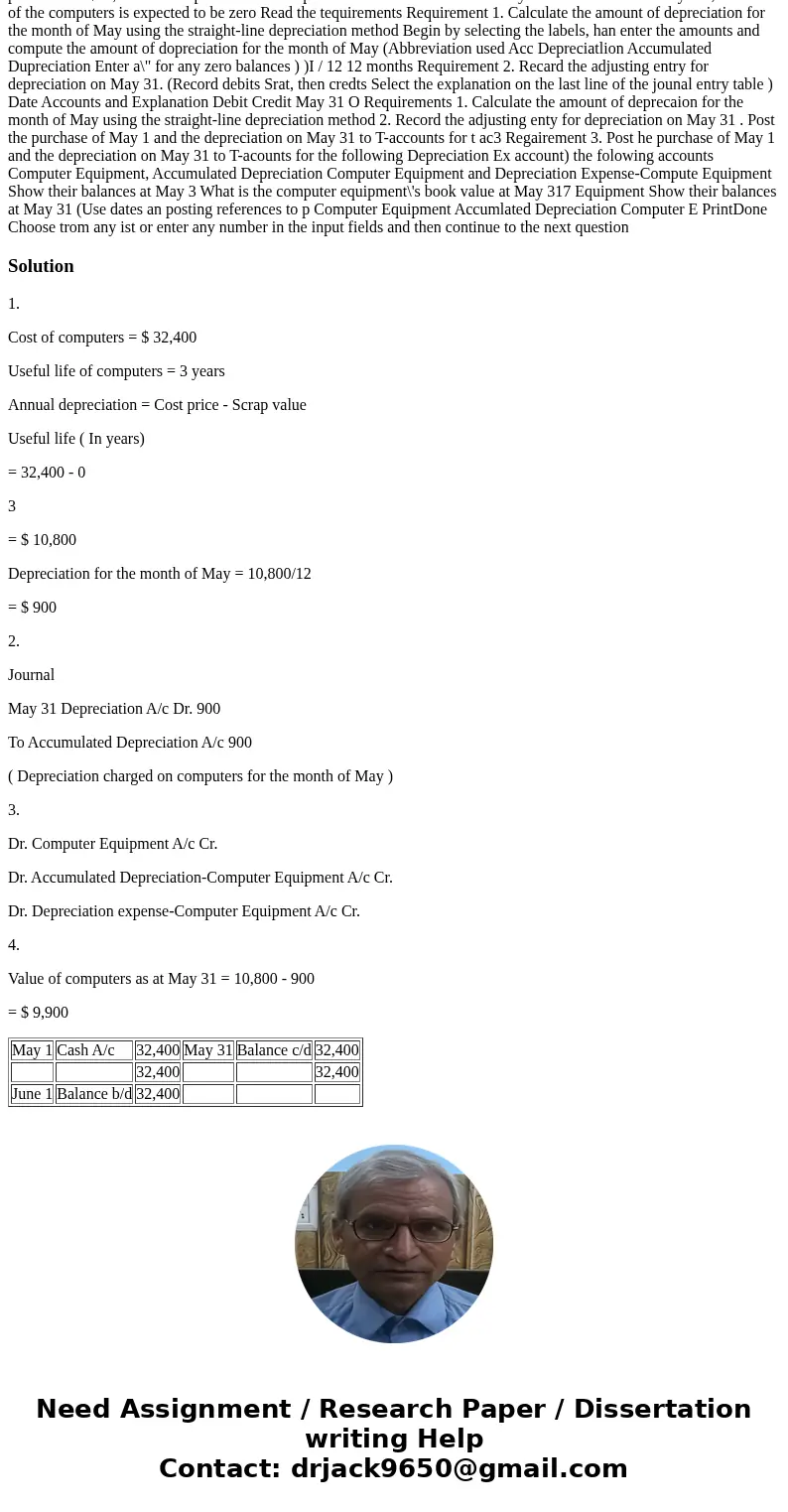 This Question: 7 pts 3 of 4 (0 complete)Y This Test: 30 pts possib Question Help ? On May 1, Orlando Gold Exchange paid cash of $32,400 for computers that are   This Question: 7 pts 3 of 4 (0 complete)Y This Test: 30 pts possib Question Help ? On May 1, Orlando Gold Exchange paid cash of $32,400 for computers that are