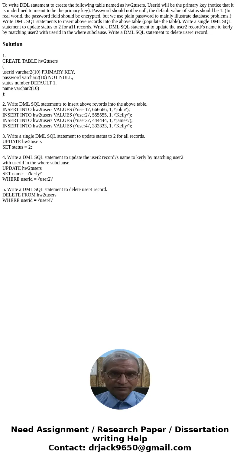 To write DDL statement to create the following table named as hw2tusers. Userid will be the primary key (notice that it is underlined to meant to be the primar  To write DDL statement to create the following table named as hw2tusers. Userid will be the primary key (notice that it is underlined to meant to be the primar