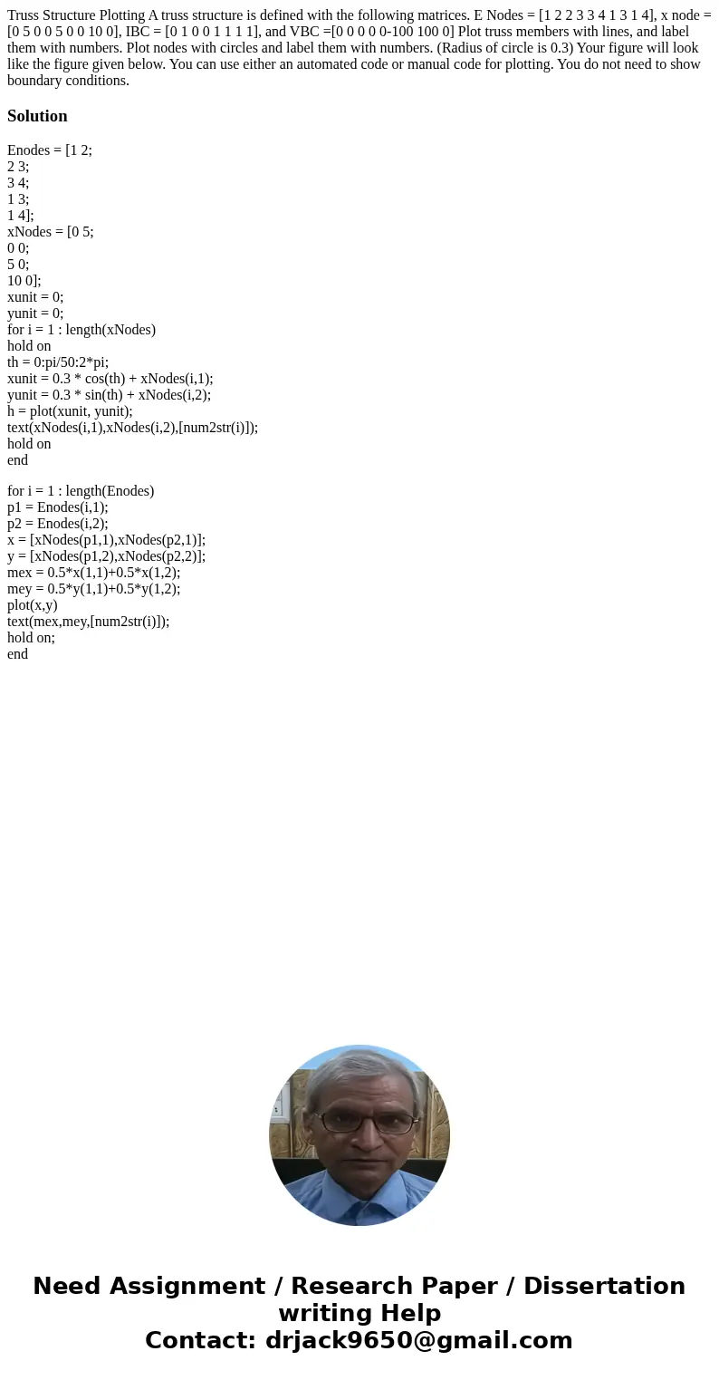  Truss Structure Plotting A truss structure is defined with the following matrices. E Nodes = [1 2 2 3 3 4 1 3 1 4], x node = [0 5 0 0 5 0 0 10 0], IBC = [0 1 0