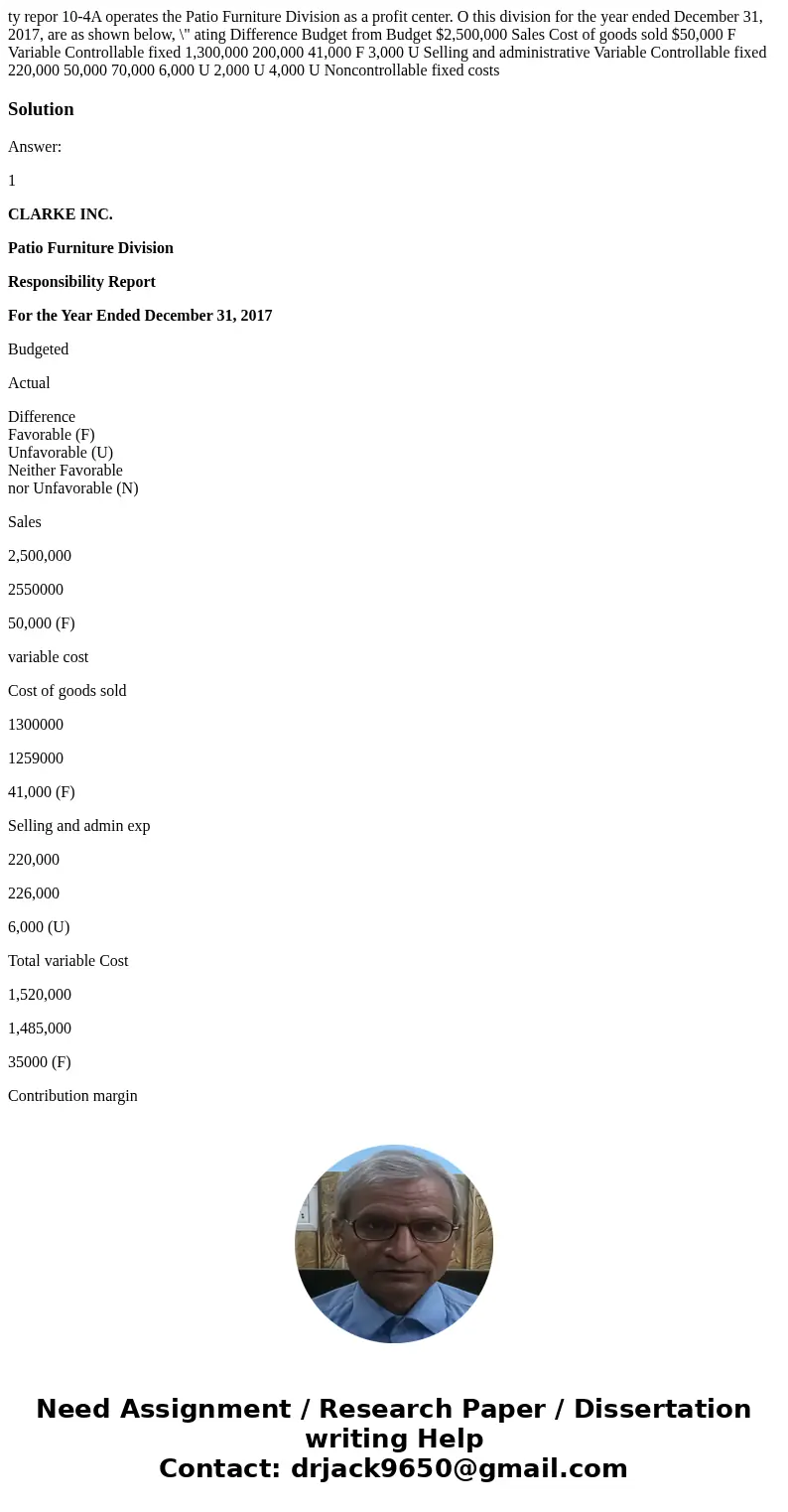  ty repor 10-4A operates the Patio Furniture Division as a profit center. O this division for the year ended December 31, 2017, are as shown below, \