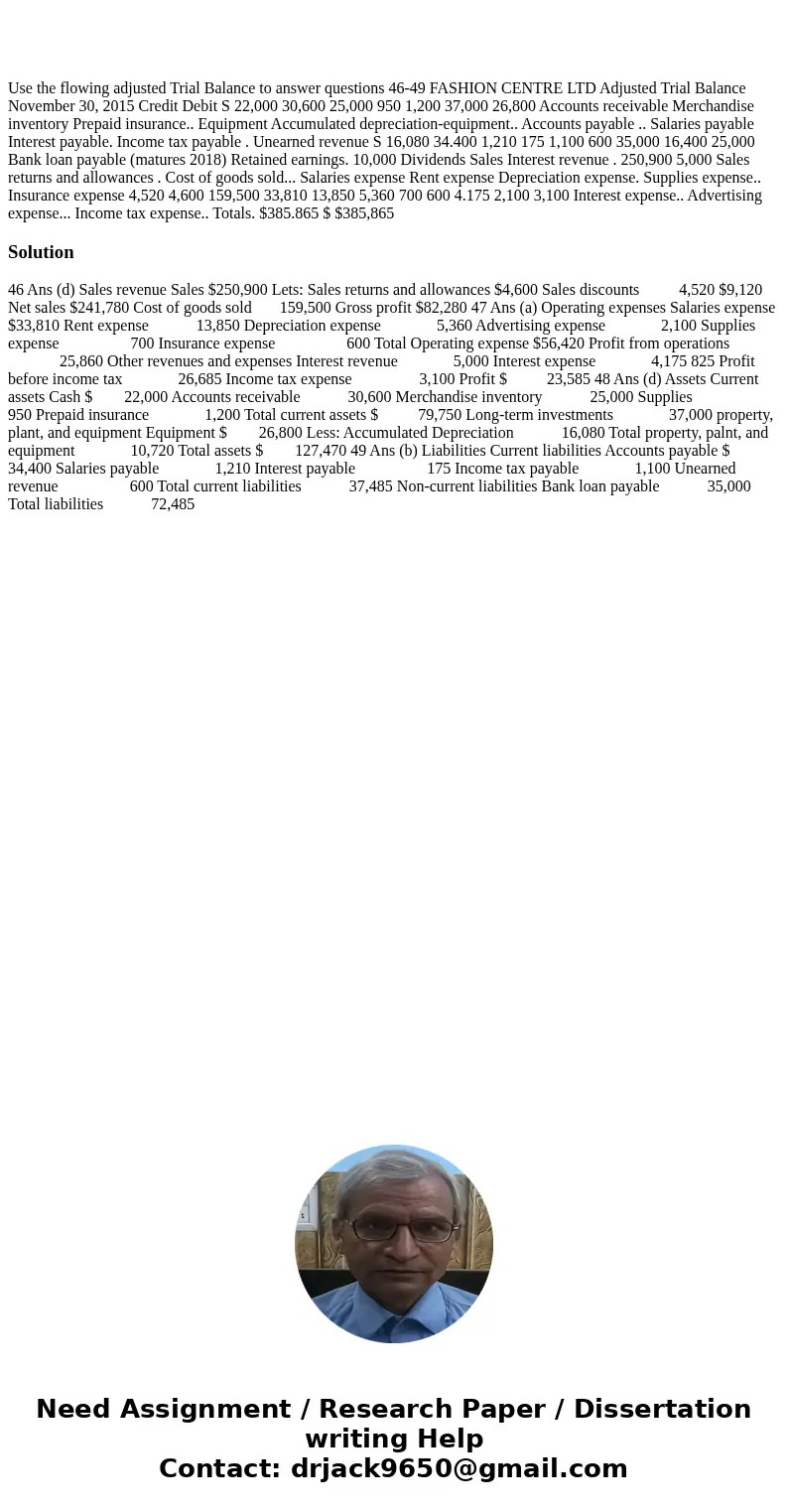  Use the flowing adjusted Trial Balance to answer questions 46-49 FASHION CENTRE LTD Adjusted Trial Balance November 30, 2015 Credit Debit S 22,000 30,600 25,00