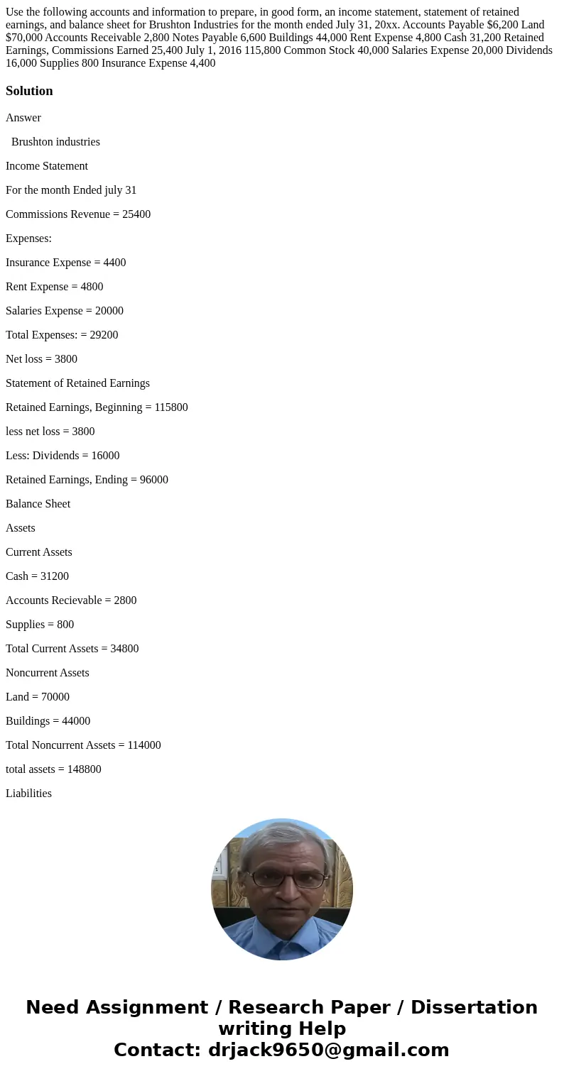 Use the following accounts and information to prepare, in good form, an income statement, statement of retained earnings, and balance sheet for Brushton Industr Use the following accounts and information to prepare, in good form, an income statement, statement of retained earnings, and balance sheet for Brushton Industr
