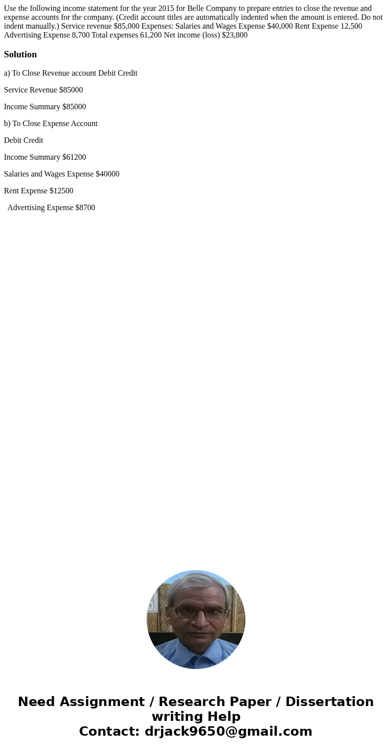 Use the following income statement for the year 2015 for Belle Company to prepare entries to close the revenue and expense accounts for the company. (Credit acc Use the following income statement for the year 2015 for Belle Company to prepare entries to close the revenue and expense accounts for the company. (Credit acc