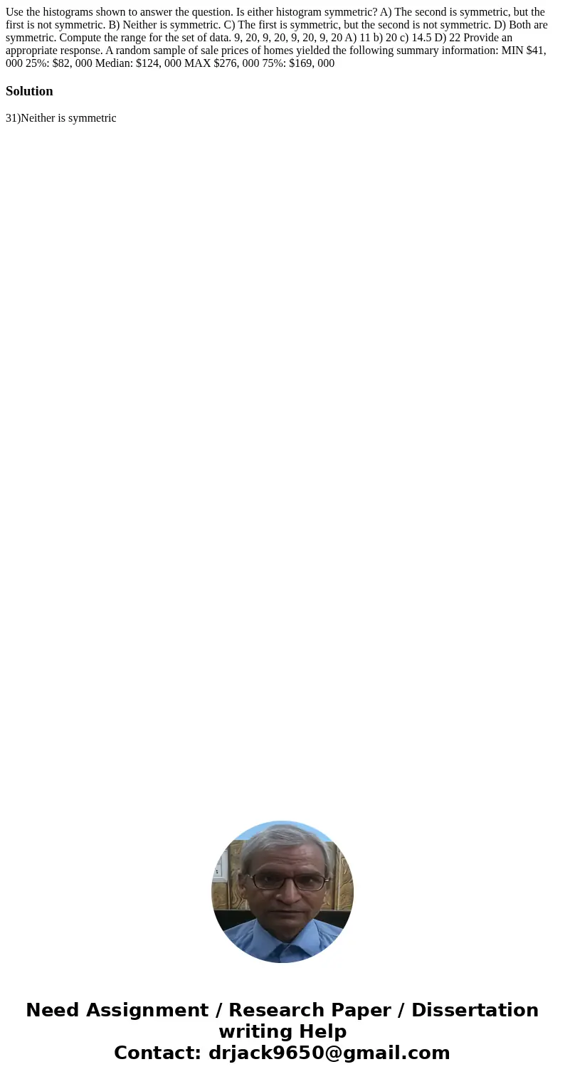 Use the histograms shown to answer the question. Is either histogram symmetric? A) The second is symmetric, but the first is not symmetric. B) Neither is symme  Use the histograms shown to answer the question. Is either histogram symmetric? A) The second is symmetric, but the first is not symmetric. B) Neither is symme