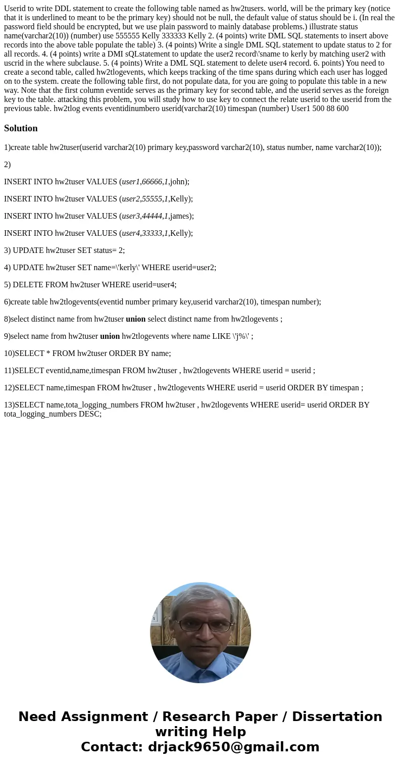 Userid to write DDL statement to create the following table named as hw2tusers. world, will be the primary key (notice that it is underlined to meant to be the