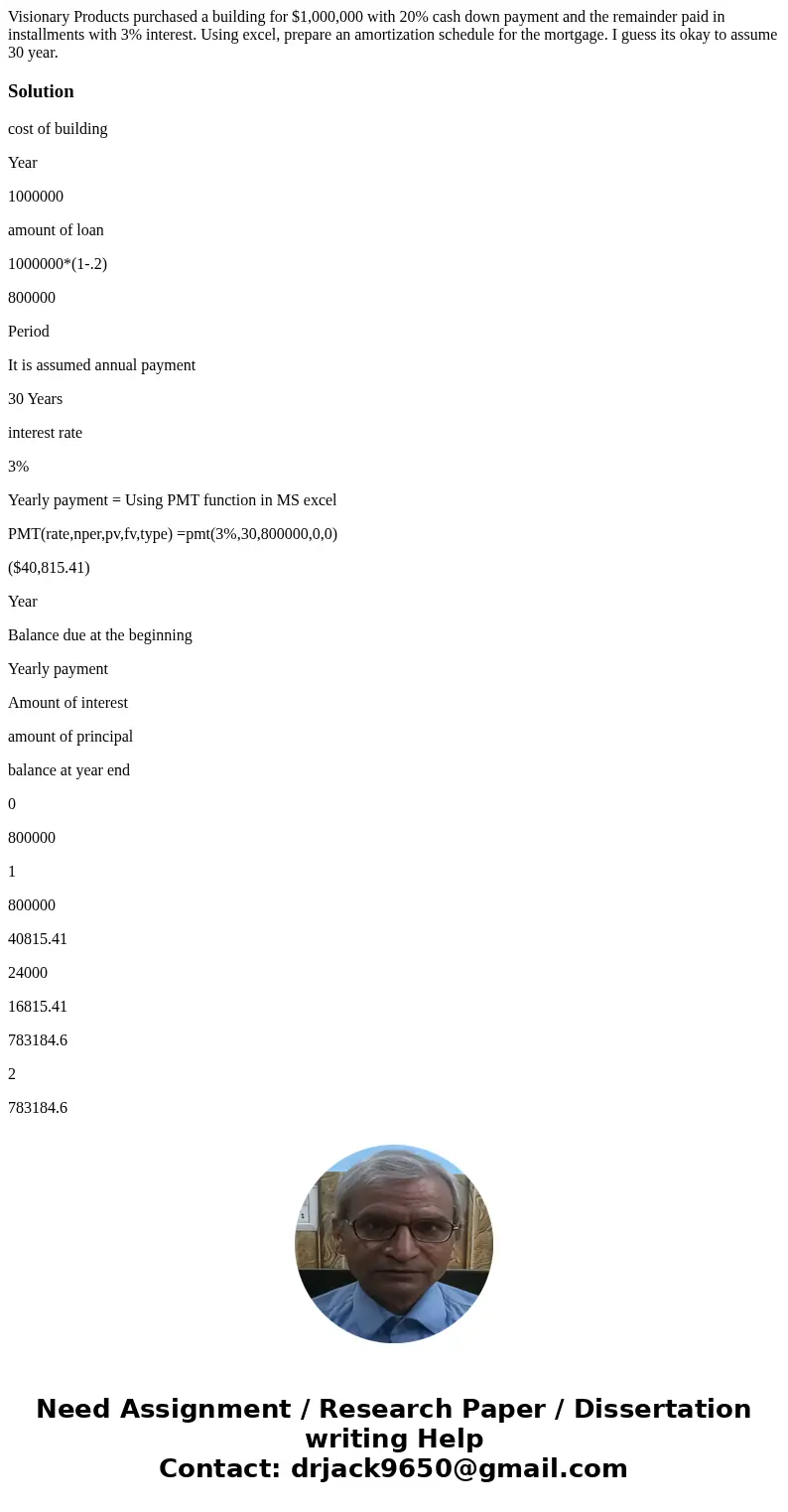 Visionary Products purchased a building for $1,000,000 with 20% cash down payment and the remainder paid in installments with 3% interest. Using excel, prepare  Visionary Products purchased a building for $1,000,000 with 20% cash down payment and the remainder paid in installments with 3% interest. Using excel, prepare