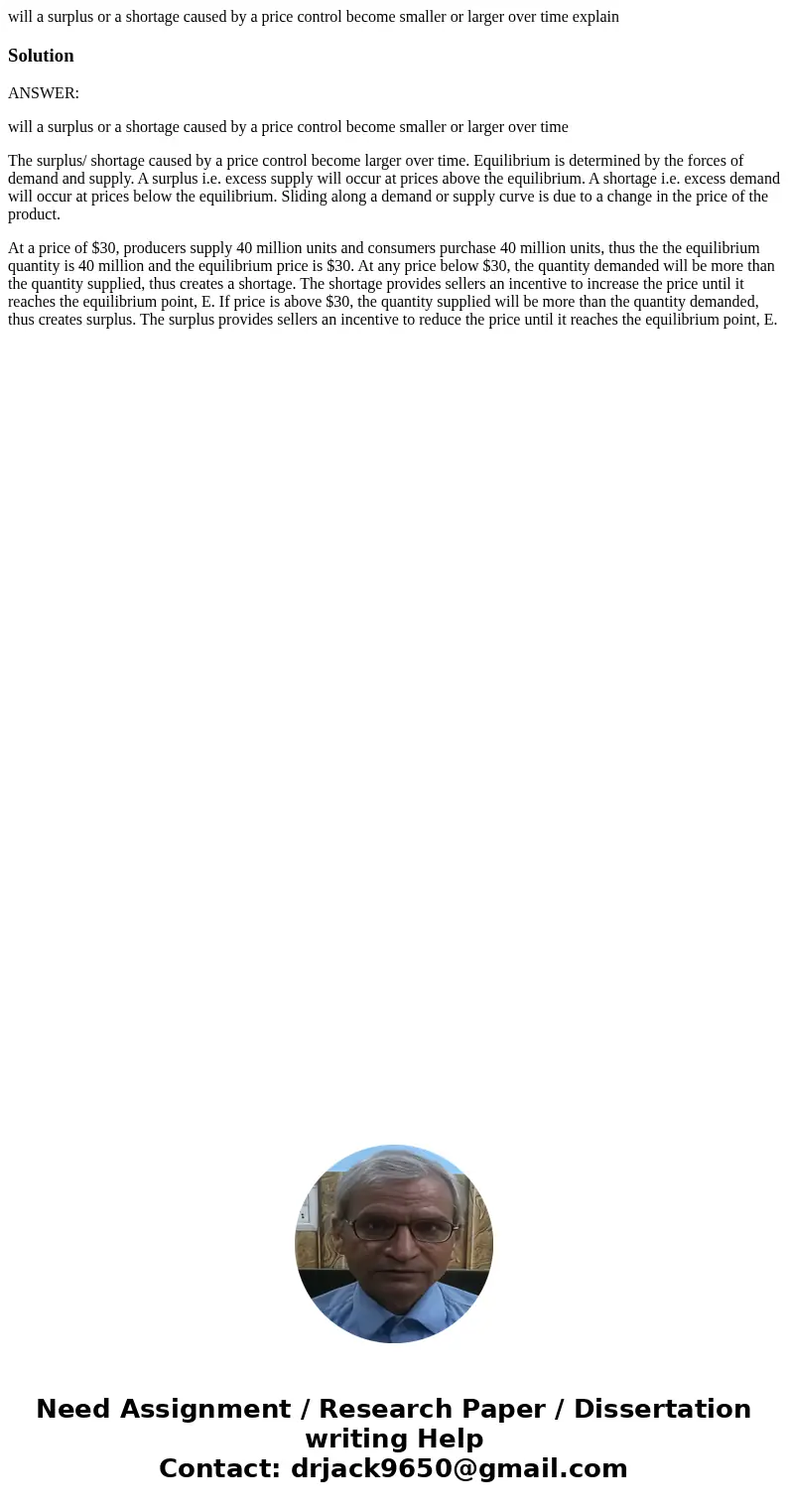 will a surplus or a shortage caused by a price control become smaller or larger over time explainSolutionANSWER: will a surplus or a shortage caused by a price  will a surplus or a shortage caused by a price control become smaller or larger over time explainSolutionANSWER: will a surplus or a shortage caused by a price