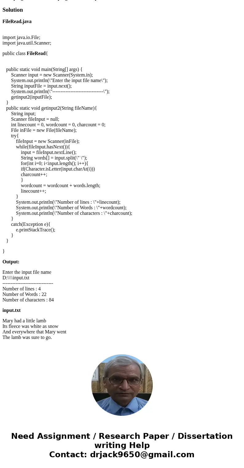 Write a program in Java that asks the user for an input standard txt file name and prints the number of characters, words, and lines in that file. Note: Use exc Write a program in Java that asks the user for an input standard txt file name and prints the number of characters, words, and lines in that file. Note: Use exc