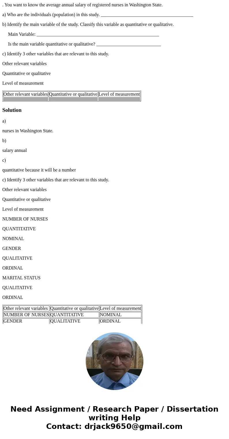 . You want to know the average annual salary of registered nurses in Washington State. a) Who are the individuals (population) in this study. __________________ . You want to know the average annual salary of registered nurses in Washington State. a) Who are the individuals (population) in this study. __________________