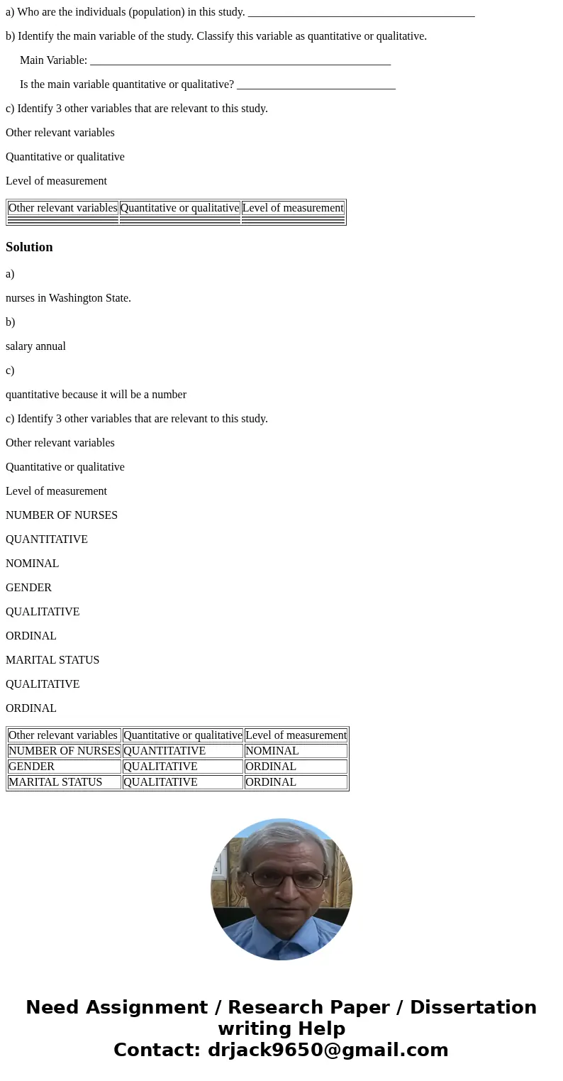 . You want to know the average annual salary of registered nurses in Washington State. a) Who are the individuals (population) in this study. __________________ . You want to know the average annual salary of registered nurses in Washington State. a) Who are the individuals (population) in this study. __________________