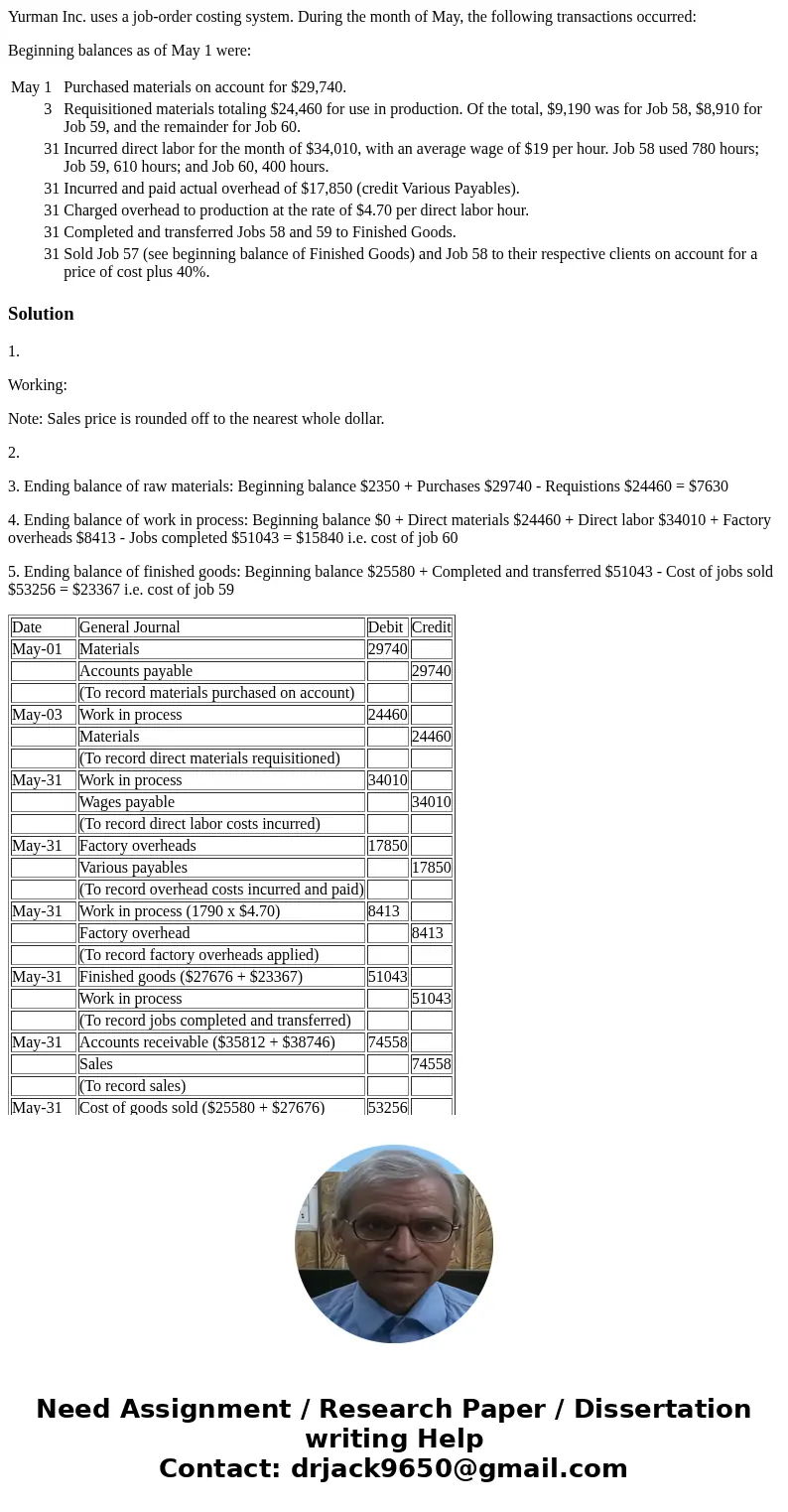 Yurman Inc. uses a job-order costing system. During the month of May, the following transactions occurred: Beginning balances as of May 1 were: May 1 Purchased  Yurman Inc. uses a job-order costing system. During the month of May, the following transactions occurred: Beginning balances as of May 1 were: May 1 Purchased
