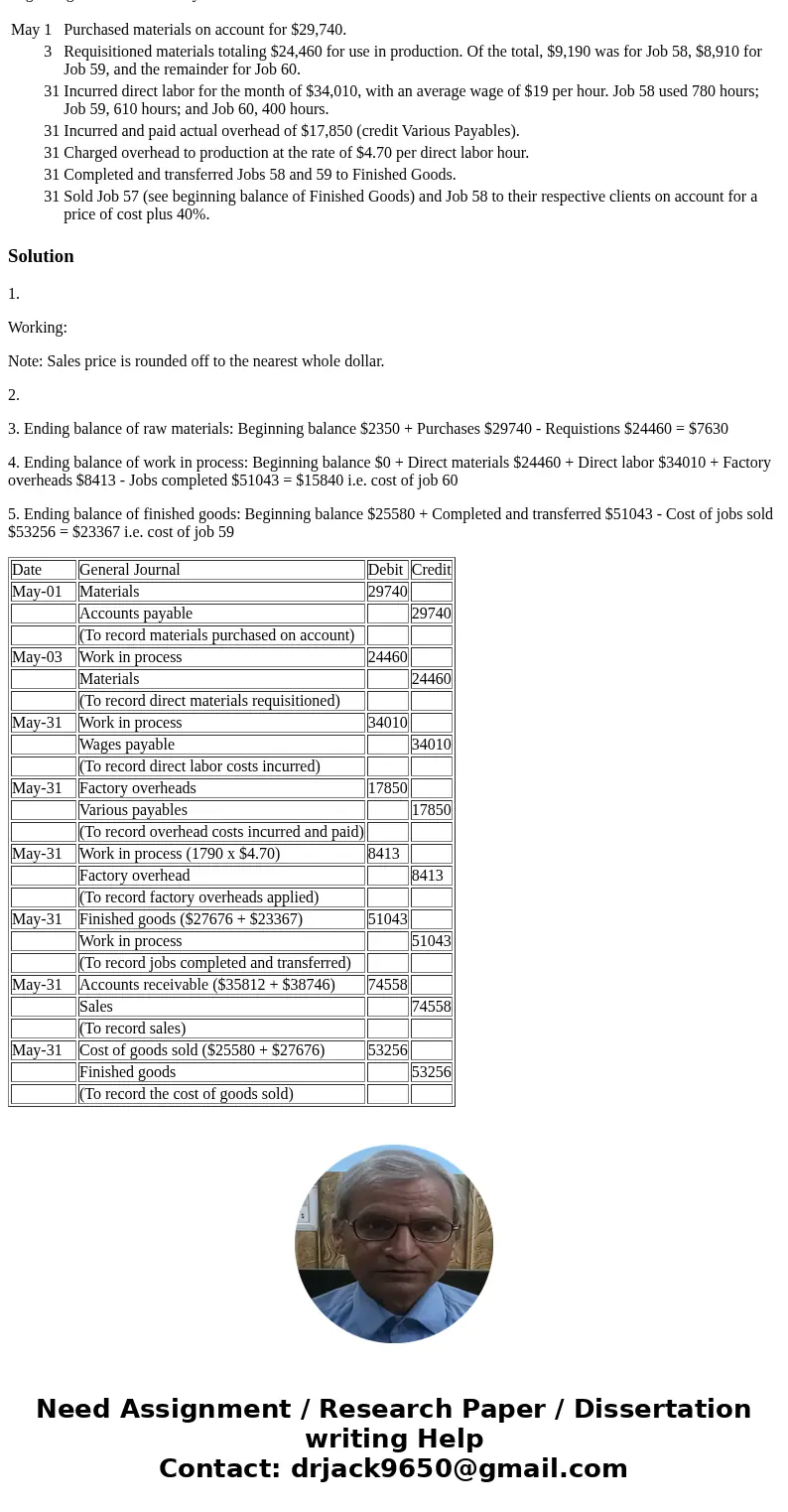 Yurman Inc. uses a job-order costing system. During the month of May, the following transactions occurred: Beginning balances as of May 1 were: May 1 Purchased  Yurman Inc. uses a job-order costing system. During the month of May, the following transactions occurred: Beginning balances as of May 1 were: May 1 Purchased