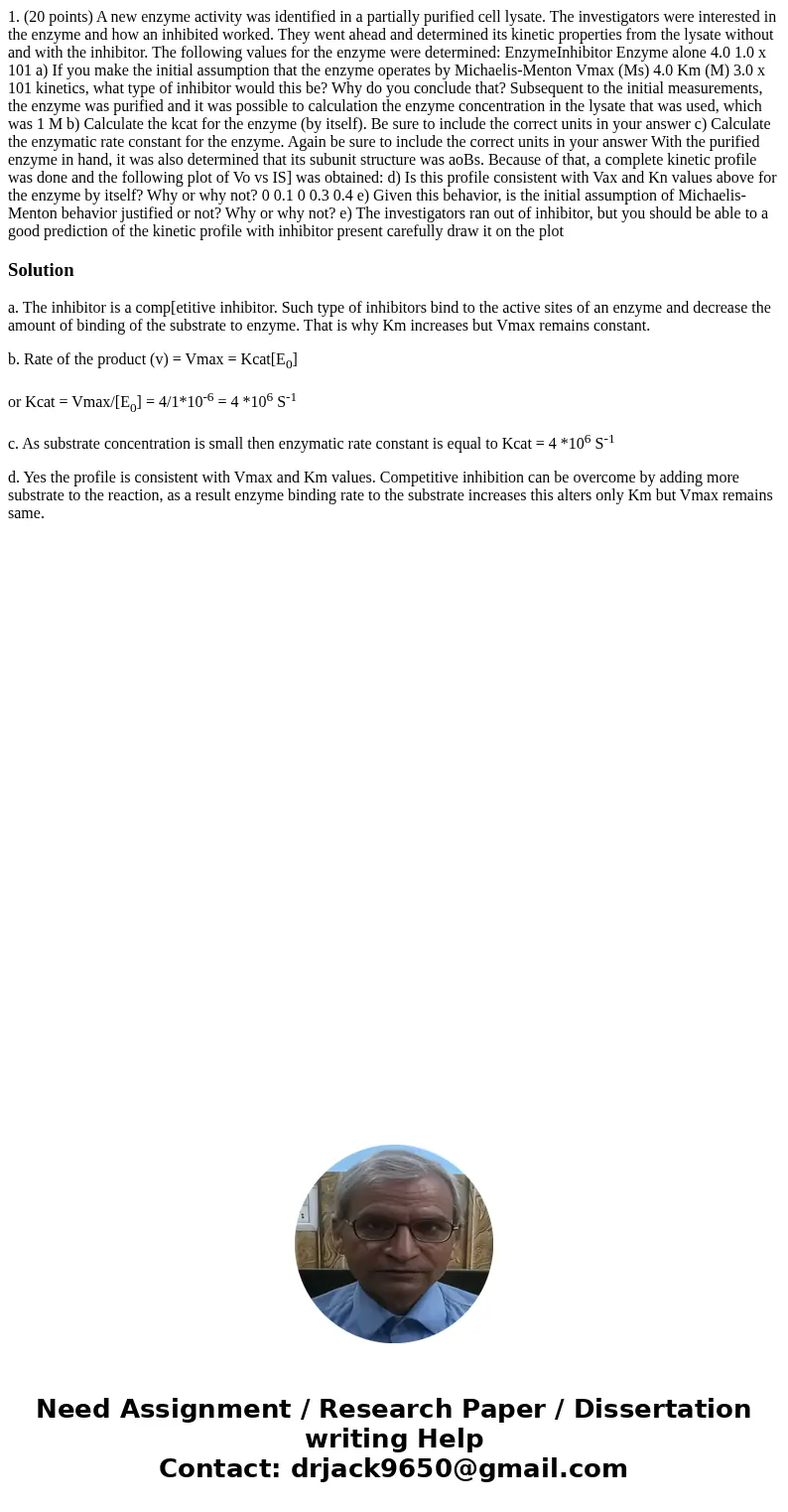 1. (20 points) A new enzyme activity was identified in a partially purified cell lysate. The investigators were interested in the enzyme and how an inhibited w  1. (20 points) A new enzyme activity was identified in a partially purified cell lysate. The investigators were interested in the enzyme and how an inhibited w