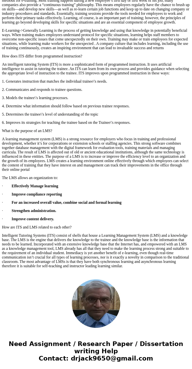 1. How is ET different from e-learning? 4. How does ITS differ from programmed instruction? 9. What is the purpose of an LMS? 10. How are ITS and LMS related to