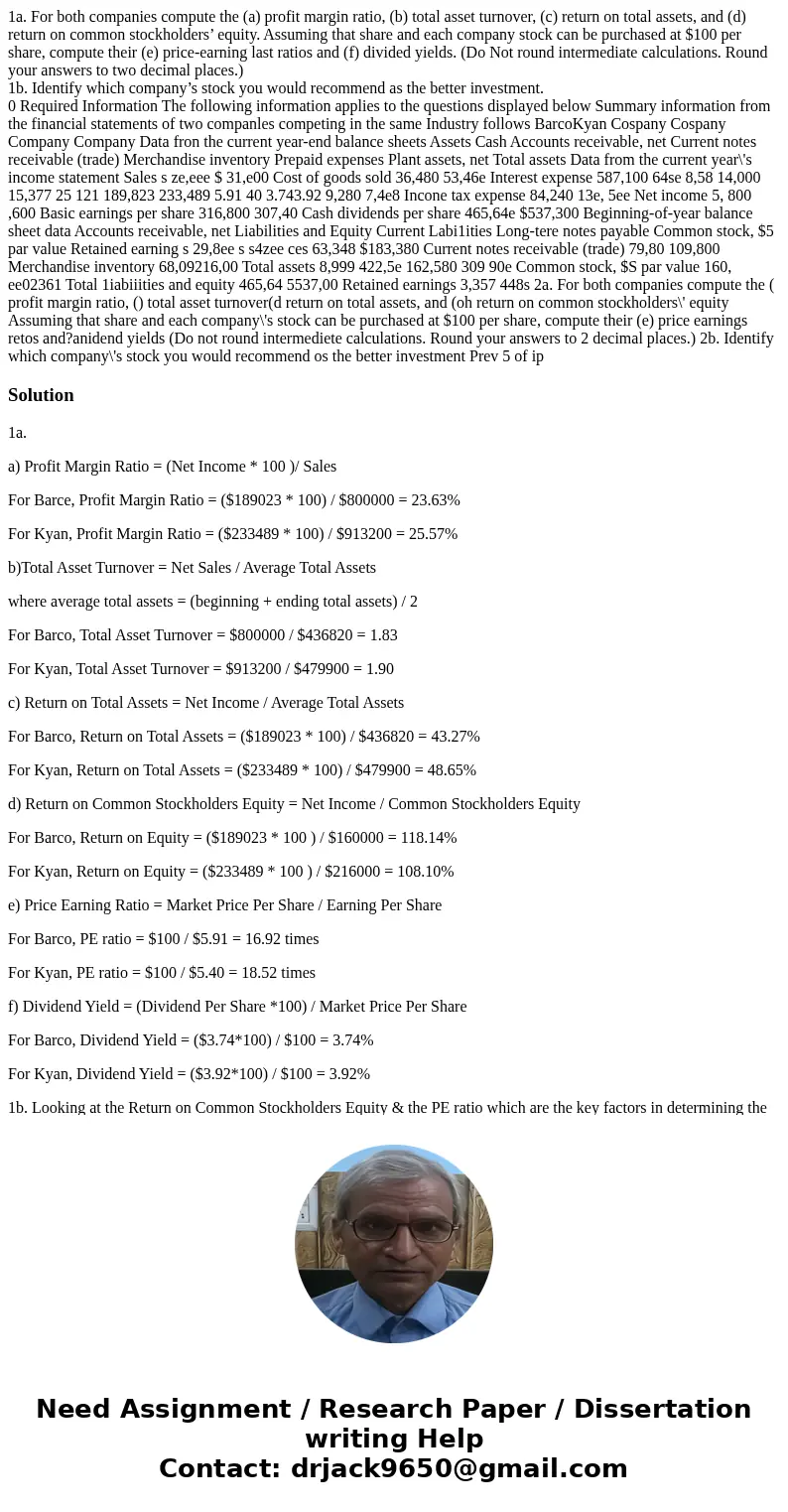 1a. For both companies compute the (a) profit margin ratio, (b) total asset turnover, (c) return on total assets, and (d) return on common stockholders’ equity.