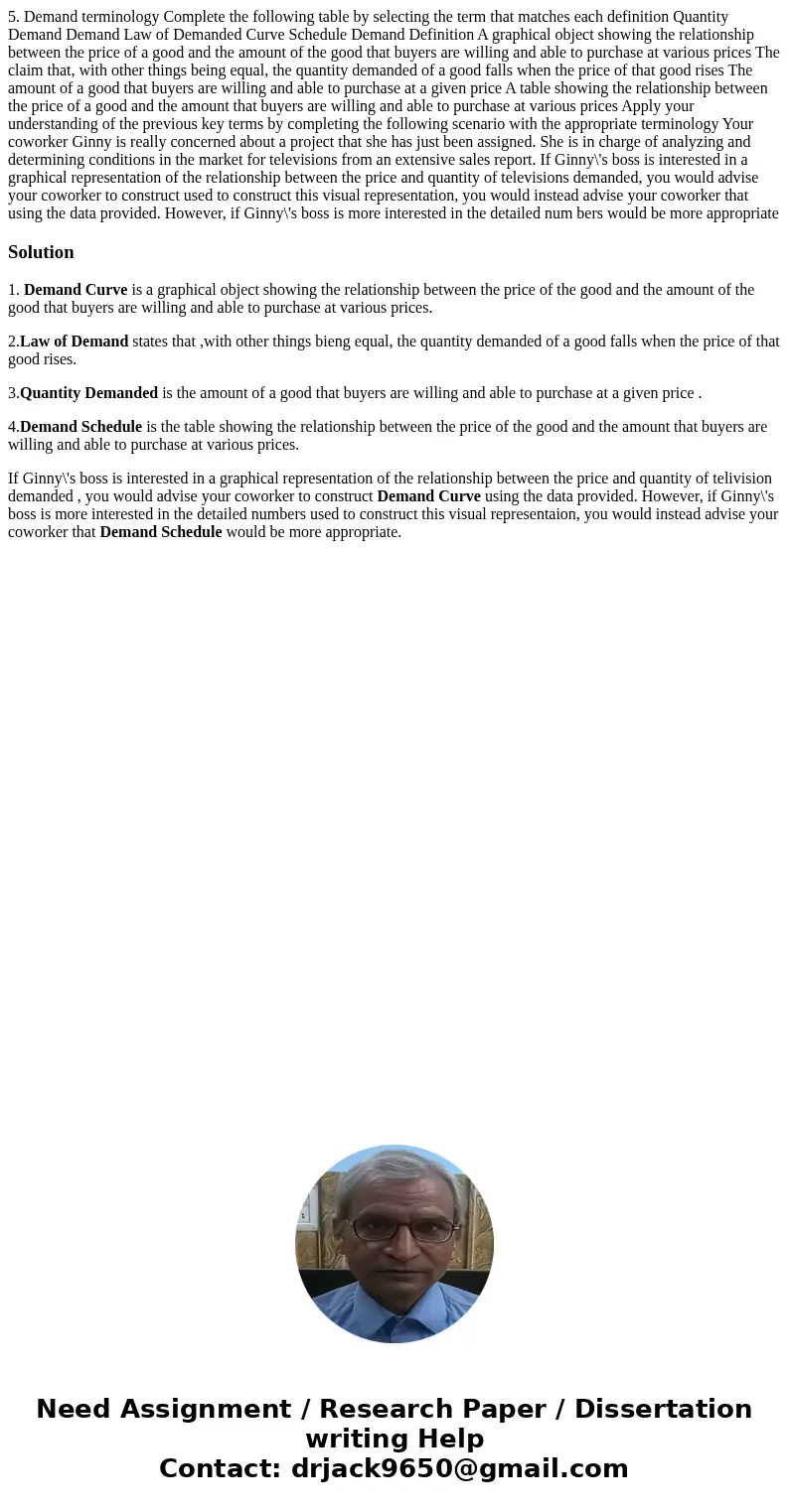 5. Demand terminology Complete the following table by selecting the term that matches each definition Quantity Demand Demand Law of Demanded Curve Schedule Dem