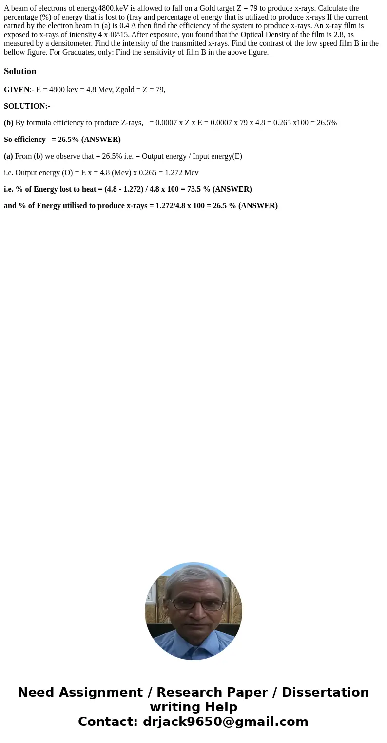 A beam of electrons of energy4800.keV is allowed to fall on a Gold target Z = 79 to produce x-rays. Calculate the percentage (%) of energy that is lost to (fra  A beam of electrons of energy4800.keV is allowed to fall on a Gold target Z = 79 to produce x-rays. Calculate the percentage (%) of energy that is lost to (fra