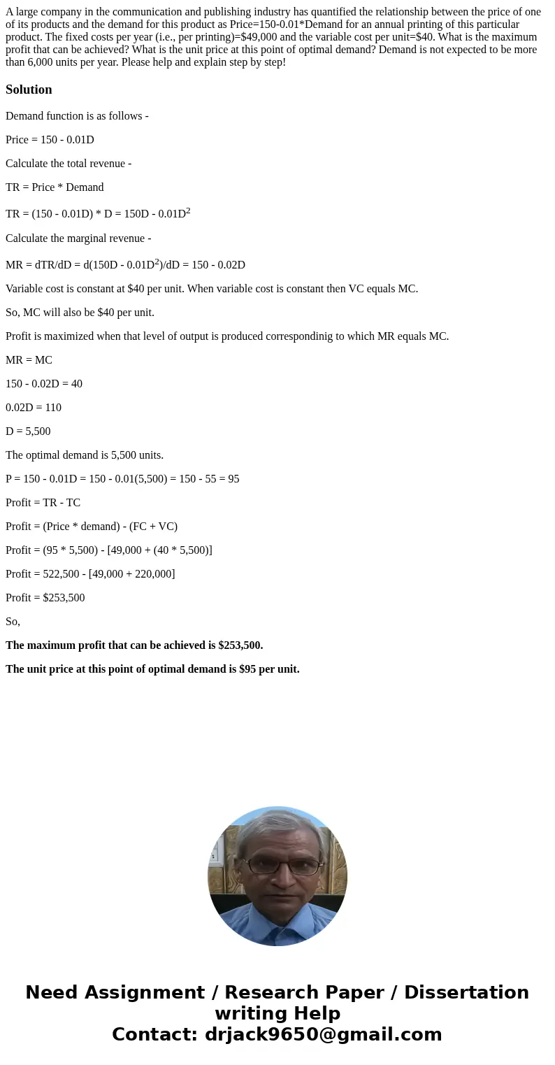 A large company in the communication and publishing industry has quantified the relationship between the price of one of its products and the demand for this pr A large company in the communication and publishing industry has quantified the relationship between the price of one of its products and the demand for this pr