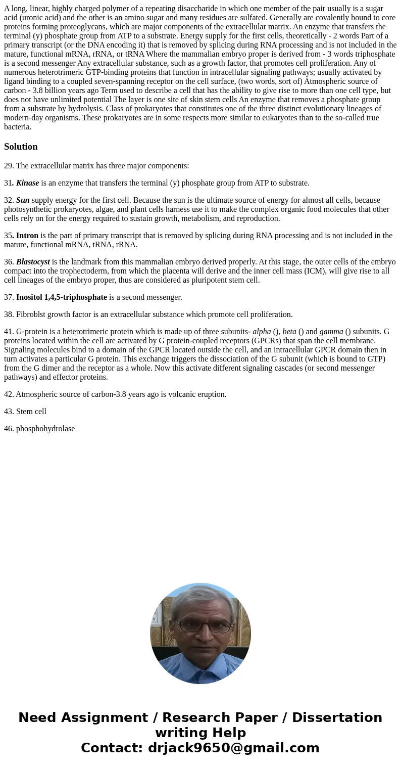 A long, linear, highly charged polymer of a repeating disaccharide in which one member of the pair usually is a sugar acid (uronic acid) and the other is an am  A long, linear, highly charged polymer of a repeating disaccharide in which one member of the pair usually is a sugar acid (uronic acid) and the other is an am