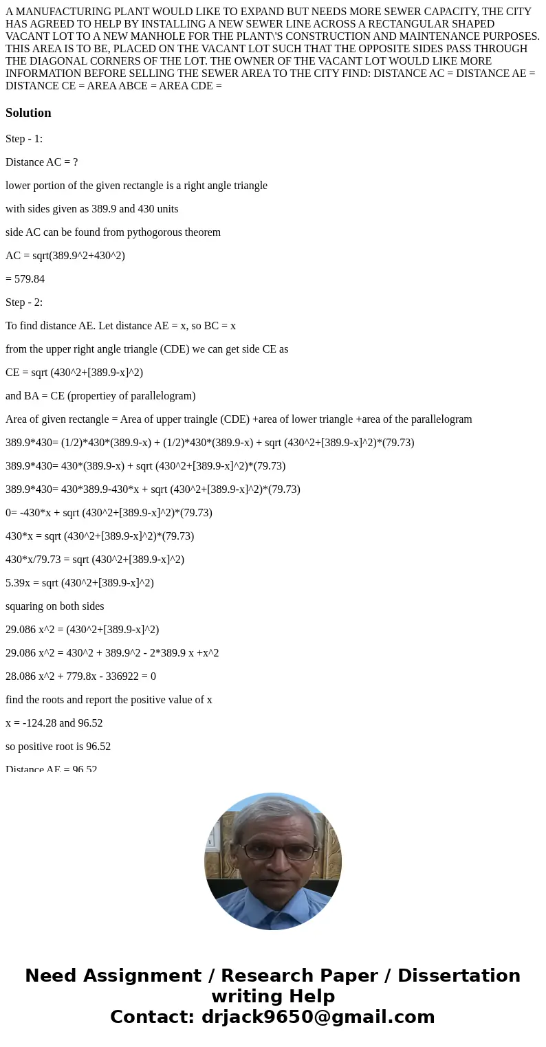 A MANUFACTURING PLANT WOULD LIKE TO EXPAND BUT NEEDS MORE SEWER CAPACITY, THE CITY HAS AGREED TO HELP BY INSTALLING A NEW SEWER LINE ACROSS A RECTANGULAR SHAPE  A MANUFACTURING PLANT WOULD LIKE TO EXPAND BUT NEEDS MORE SEWER CAPACITY, THE CITY HAS AGREED TO HELP BY INSTALLING A NEW SEWER LINE ACROSS A RECTANGULAR SHAPE