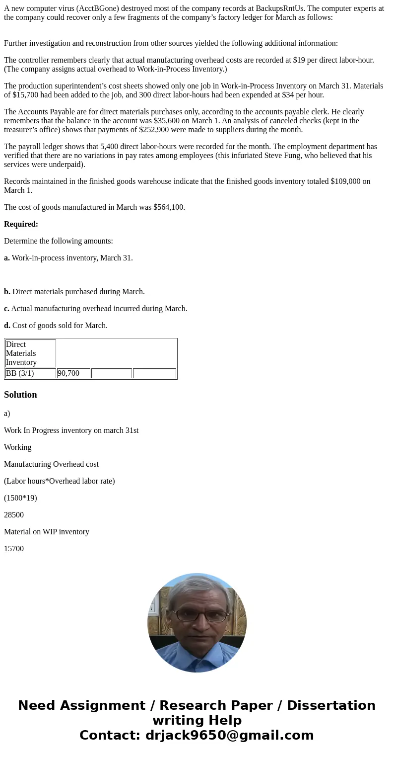 A new computer virus (AcctBGone) destroyed most of the company records at BackupsRntUs. The computer experts at the company could recover only a few fragments o
