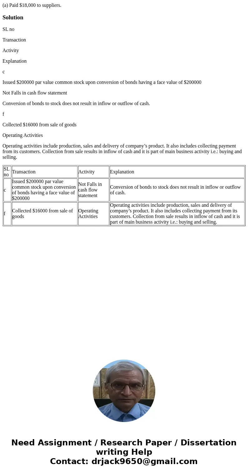 (a) Paid $18,000 to suppliers. SolutionSL no Transaction Activity Explanation c Issued $200000 par value common stock upon conversion of bonds having a face va  (a) Paid $18,000 to suppliers. SolutionSL no Transaction Activity Explanation c Issued $200000 par value common stock upon conversion of bonds having a face va