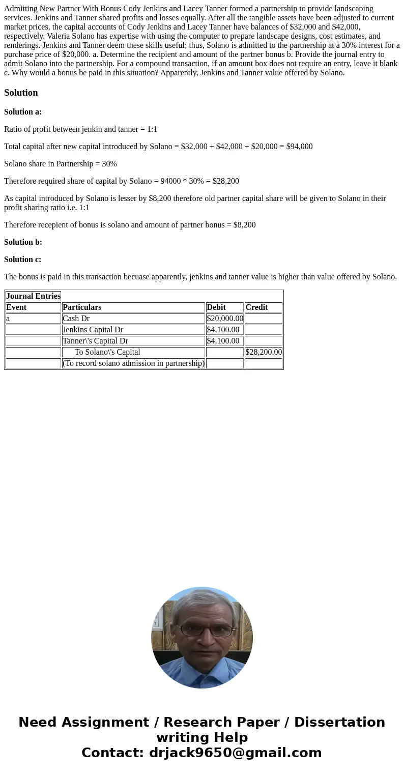  Admitting New Partner With Bonus Cody Jenkins and Lacey Tanner formed a partnership to provide landscaping services. Jenkins and Tanner shared profits and loss
