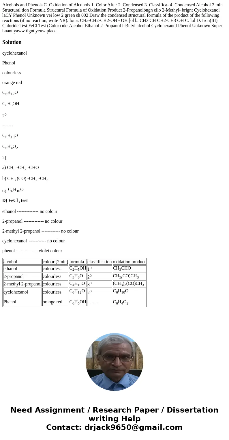 Alcohols and Phenols C. Oxidation of Alcohols 1. Color After 2. Condensed 3. Classifica- 4. Condensed Alcohol 2 min Structural tion Formula Structural Formula   Alcohols and Phenols C. Oxidation of Alcohols 1. Color After 2. Condensed 3. Classifica- 4. Condensed Alcohol 2 min Structural tion Formula Structural Formula