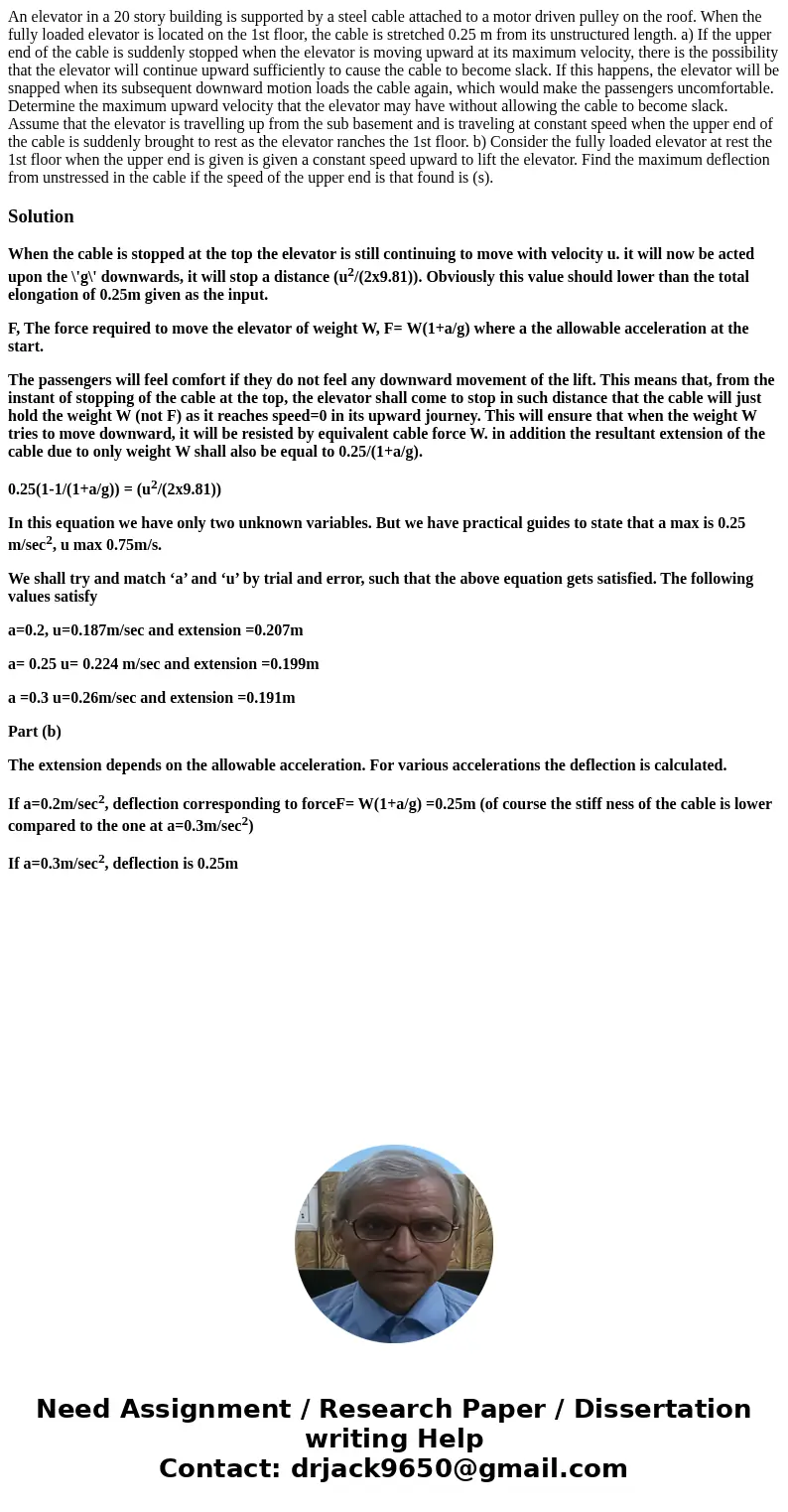 An elevator in a 20 story building is supported by a steel cable attached to a motor driven pulley on the roof. When the fully loaded elevator is located on th  An elevator in a 20 story building is supported by a steel cable attached to a motor driven pulley on the roof. When the fully loaded elevator is located on th