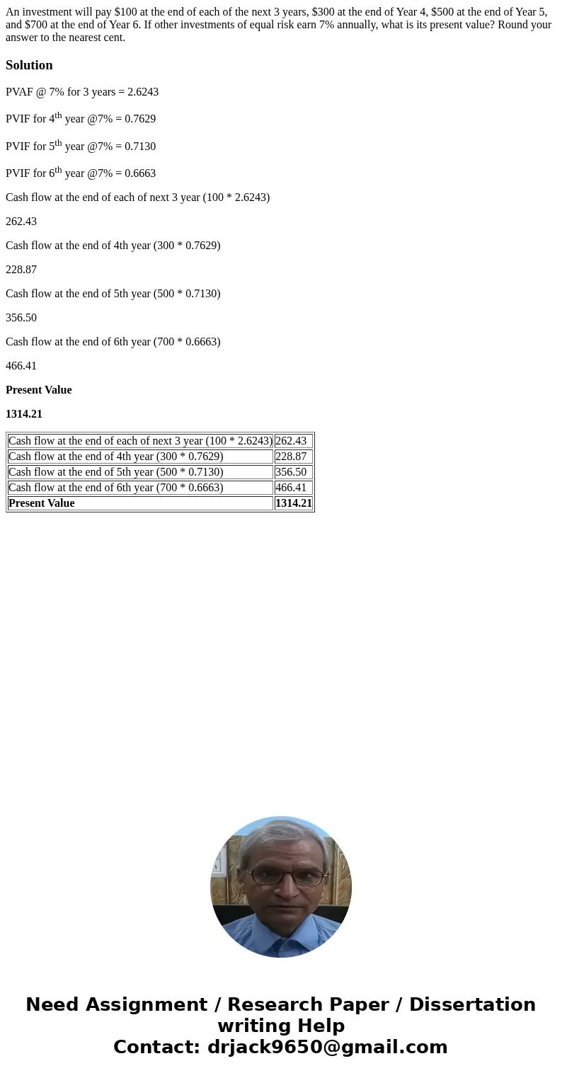 An investment will pay $100 at the end of each of the next 3 years, $300 at the end of Year 4, $500 at the end of Year 5, and $700 at the end of Year 6. If othe An investment will pay $100 at the end of each of the next 3 years, $300 at the end of Year 4, $500 at the end of Year 5, and $700 at the end of Year 6. If othe