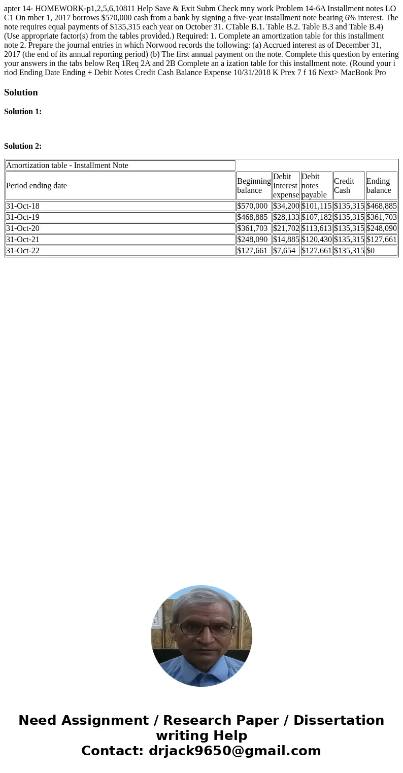  apter 14- HOMEWORK-p1,2,5,6,10811 Help Save & Exit Subm Check mny work Problem 14-6A Installment notes LO C1 On mber 1, 2017 borrows $570,000 cash from a b