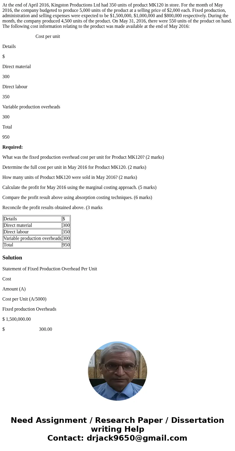 At the end of April 2016, Kingston Productions Ltd had 350 units of product MK120 in store. For the month of May 2016, the company budgeted to produce 5,000 uni