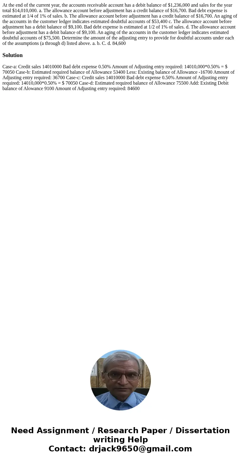 At the end of the current year, the accounts receivable account has a debit balance of $1,236,000 and sales for the year total $14,010,000. a. The allowance ac  At the end of the current year, the accounts receivable account has a debit balance of $1,236,000 and sales for the year total $14,010,000. a. The allowance ac