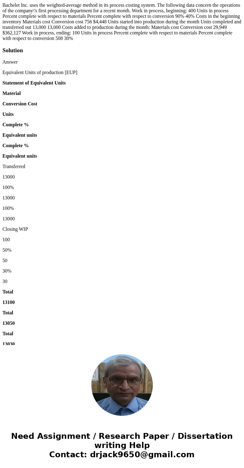  Bachelet Inc. uses the weighted-average method in its process costing system. The following data concern the operations of the company\'s first processing depa