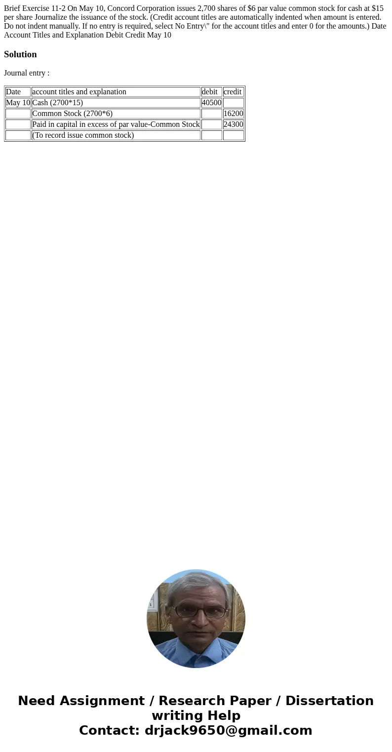 Brief Exercise 11-2 On May 10, Concord Corporation issues 2,700 shares of $6 par value common stock for cash at $15 per share Journalize the issuance of the st  Brief Exercise 11-2 On May 10, Concord Corporation issues 2,700 shares of $6 par value common stock for cash at $15 per share Journalize the issuance of the st