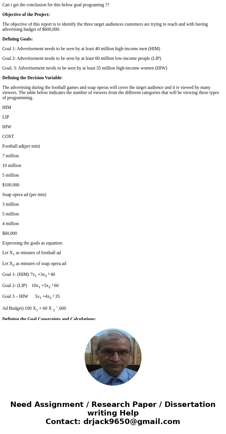 Can i get the conclusion for this below goal programing ?? Objective of the Project: The objective of this report is to identify the three target audiences cust Can i get the conclusion for this below goal programing ?? Objective of the Project: The objective of this report is to identify the three target audiences cust