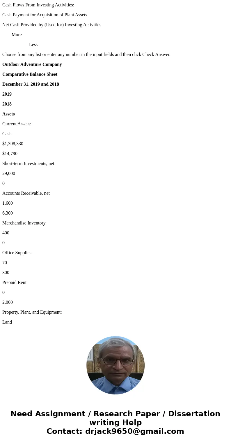 Cash Flows From Investing Activities: Cash Payment for Acquisition of Plant Assets Net Cash Provided by (Used for) Investing Activities More Less Choose from an