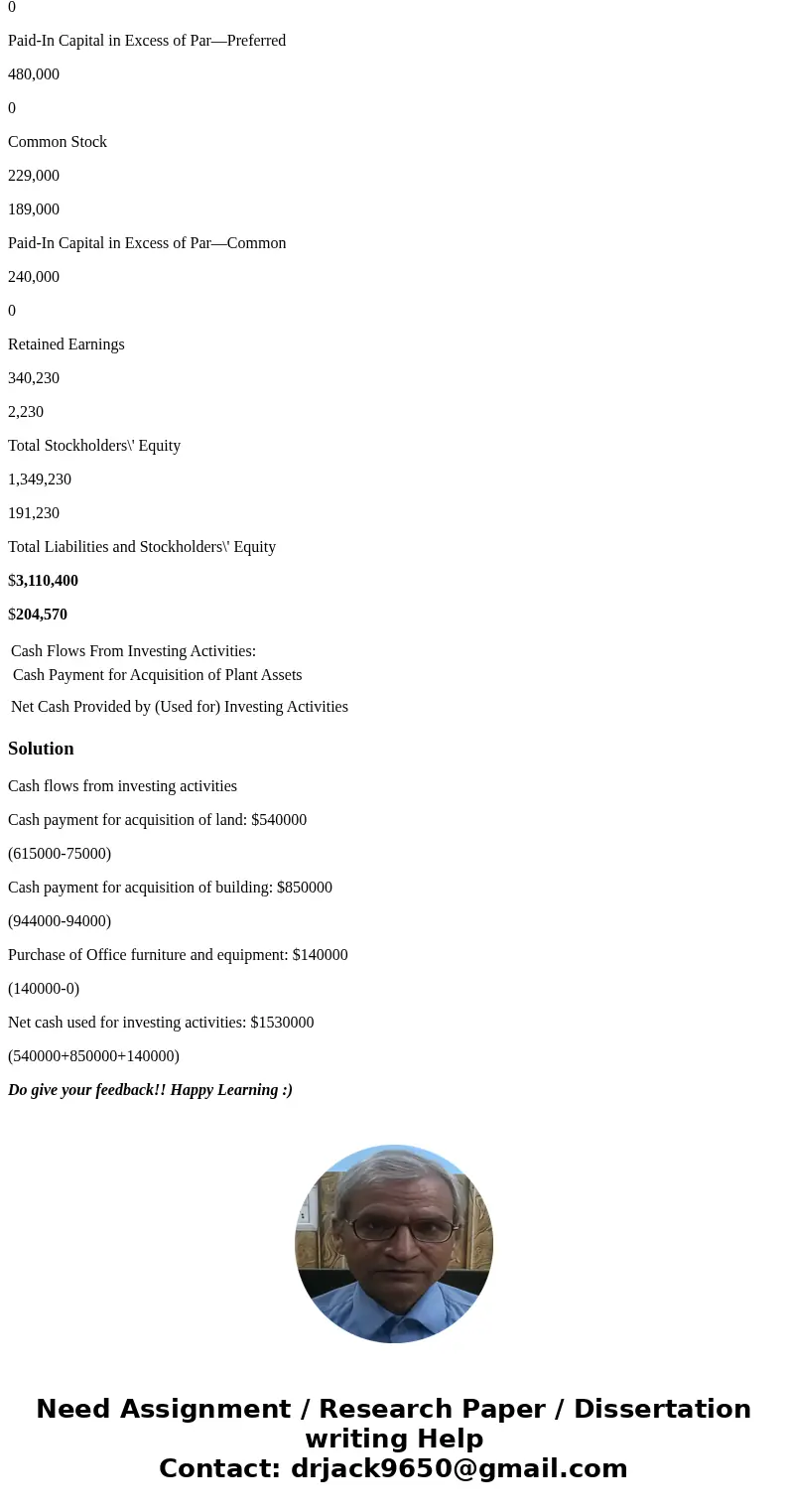 Cash Flows From Investing Activities: Cash Payment for Acquisition of Plant Assets Net Cash Provided by (Used for) Investing Activities More Less Choose from an
