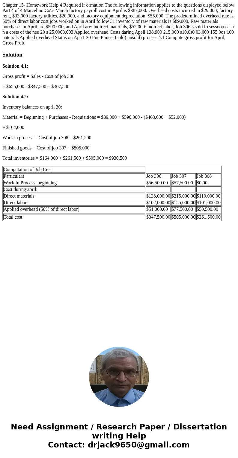  Chapter 15- Homework Help 4 Required ir ormation The following information applies to the questions displayed below Part 4 of 4 Marcelino Co\'s March factory p