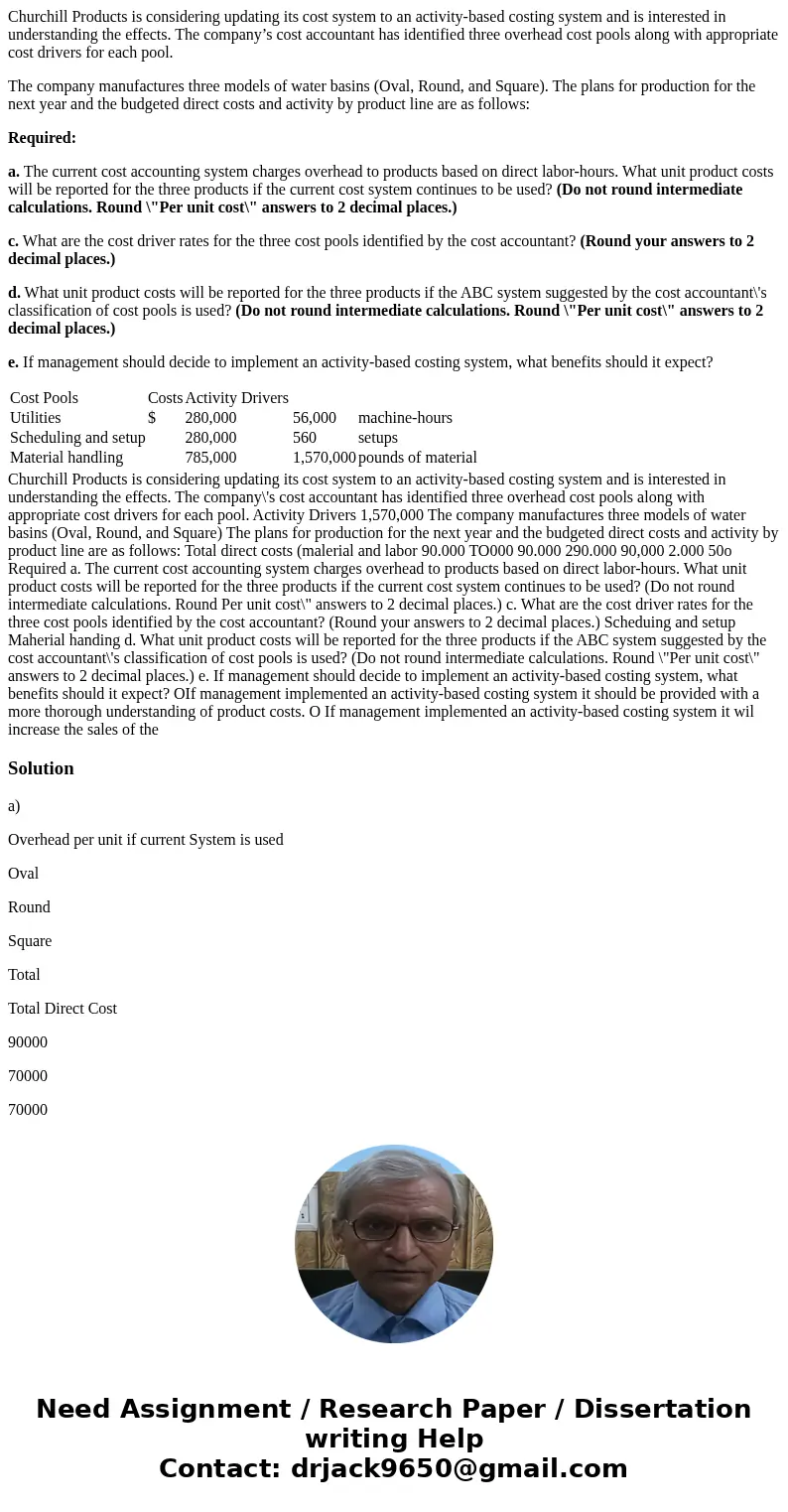 Churchill Products is considering updating its cost system to an activity-based costing system and is interested in understanding the effects. The company’s cos