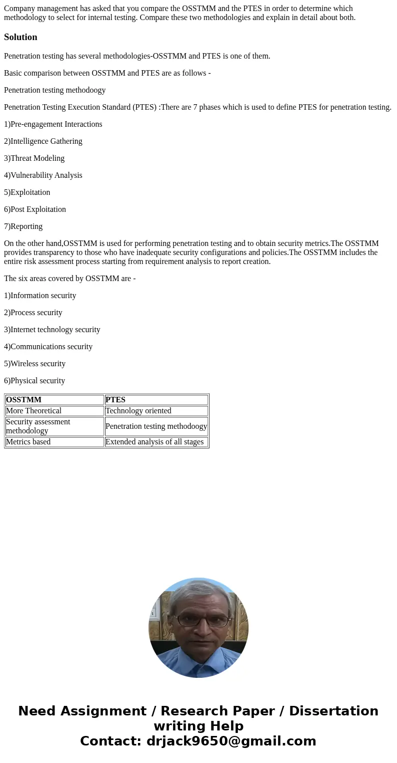 Company management has asked that you compare the OSSTMM and the PTES in order to determine which methodology to select for internal testing. Compare these two  Company management has asked that you compare the OSSTMM and the PTES in order to determine which methodology to select for internal testing. Compare these two