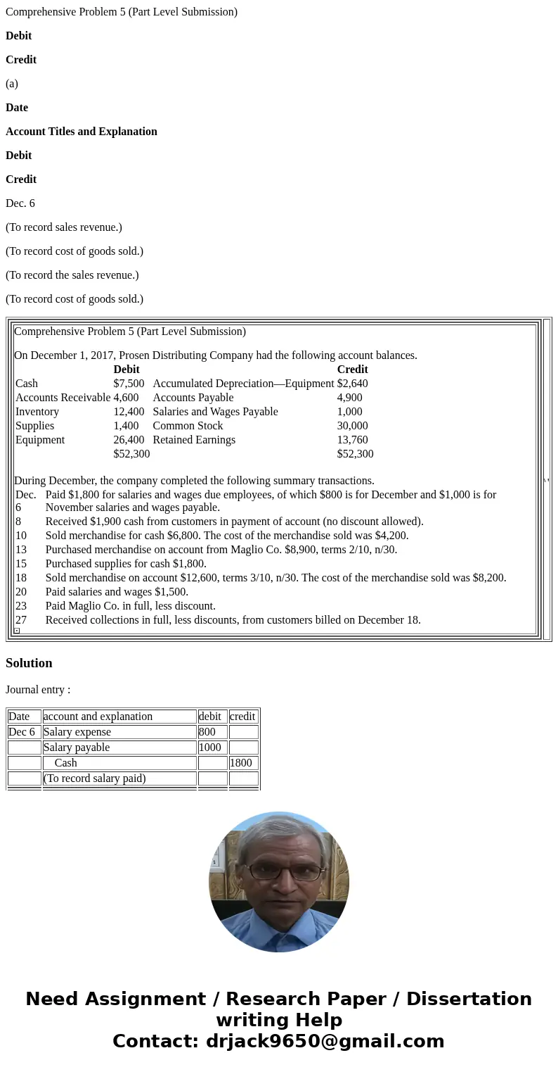 Comprehensive Problem 5 (Part Level Submission) Debit Credit (a) Date Account Titles and Explanation Debit Credit Dec. 6 (To record sales revenue.) (To record c