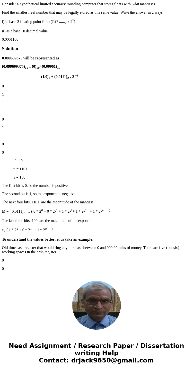 Consider a hypothetical limited accuracy rounding computer that stores floats with 6-bit mantissas. Find the smallest real number that may be legally stored as  Consider a hypothetical limited accuracy rounding computer that stores floats with 6-bit mantissas. Find the smallest real number that may be legally stored as